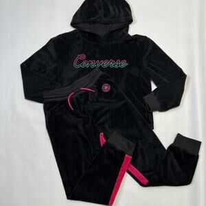 Converse Hoodie Pants Set Youth Large 12-13 Velour Pink Stripes Outfit Tracksuit